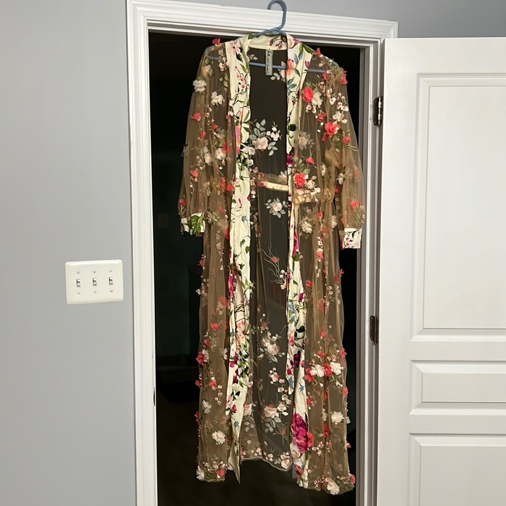 Sheer, full length, embellished kimono with waist tie